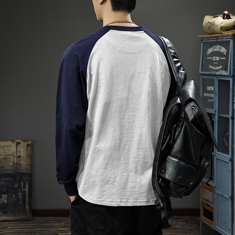 

Футболка с длинным рукавом из плотного бамбукового хлопка на весну и осень, мужской свободный топ с американским карманом, осенний контрастный цвет, рваный свитер 4XL