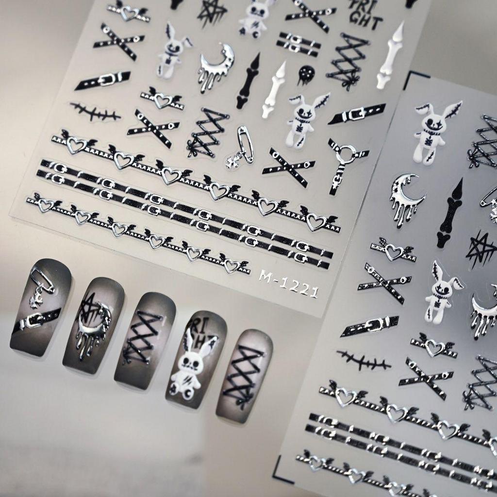 Dark Stitched Horror Rabbit Nail Stickers - DIY Liquid Metal Moon and Cross Design