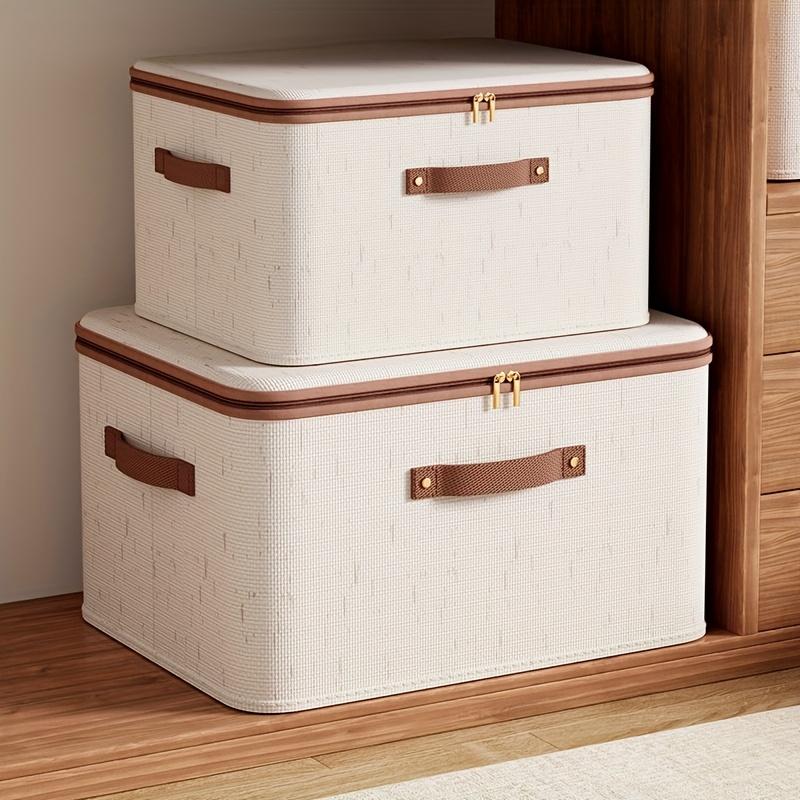 Foldable Linen Storage Box with Double Zippers And Faux Leather Handles,Large Capacity Under-Bed Storage Basket with Lid