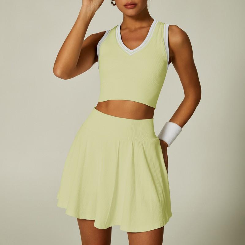 Womens Seamless High-Elastic Tennis Skort Set With Sports Tank Top Breathable Nylon Spandex Athletic Wear Yoga Running