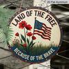 2D Flat, 1Pc Round Patriotic Aluminum Wall Art Sign - American Flag & Floral Design, "Land of the Free" Text, Easy To Hang with Pre-Drilled Holes