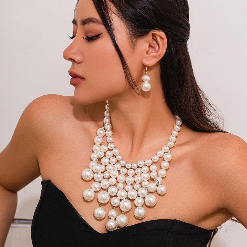 Pearls Beaded Fringe Necklace Adjustable Length Neckchain Multi-layer Clavicle Chain Jewelry for Parties and Daily Wear
