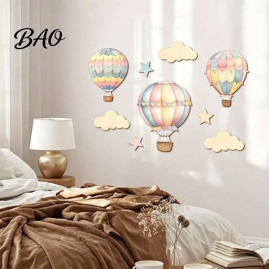 Wooden Hot Air Balloon Wall Decor 9 Pcs Nursery Decor, Boho Art Sign, Cute Balloons Stars Clouds Baby Shower Decoration for Bedroom Classroom Playroom