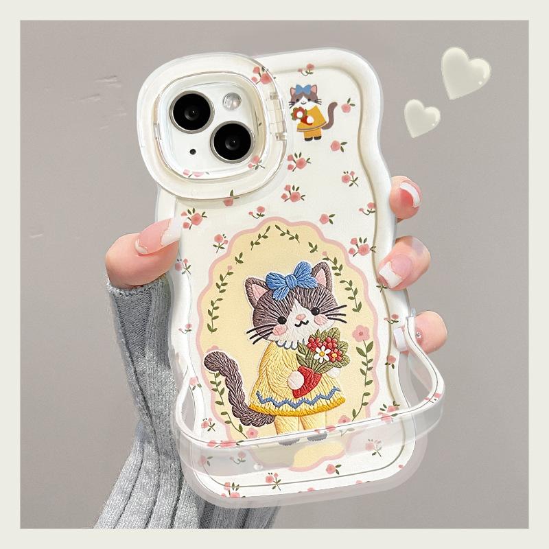 Bouquet cat is suitable for Apple 17promax mobile phone case iphone15 double bracket 16 silicone 14 cute anti-drop