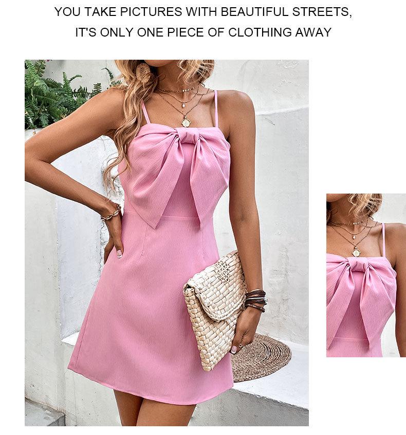 2026 Valentine's Day Pink Backless Bow Spaghetti Strap Dress for Women
