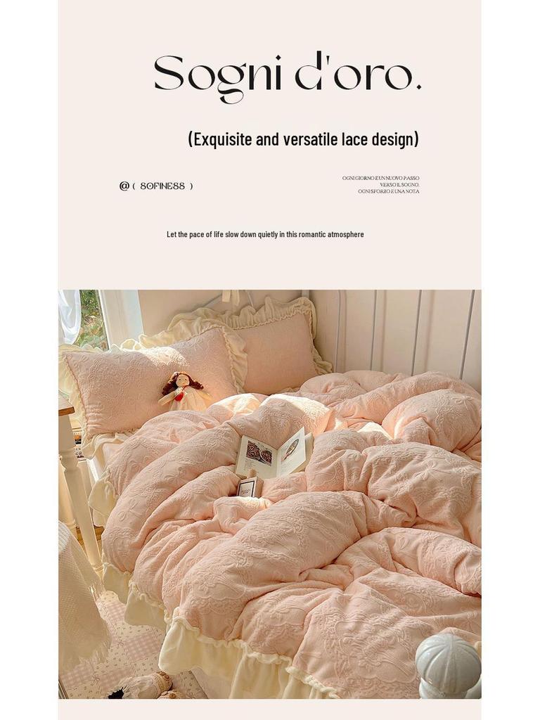 Princess Style Winter Carved Velvet 4-Piece Bedding Set: Class A Mother and Baby Warm, Thick Lace Quilt Cover