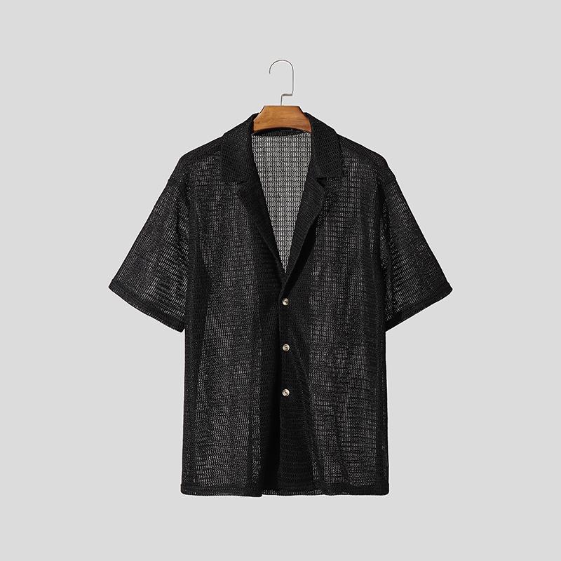 

INCERUN Plus SIze Men Short Sleeve Solid Hollow Out Casual Texture Shirts 4XL