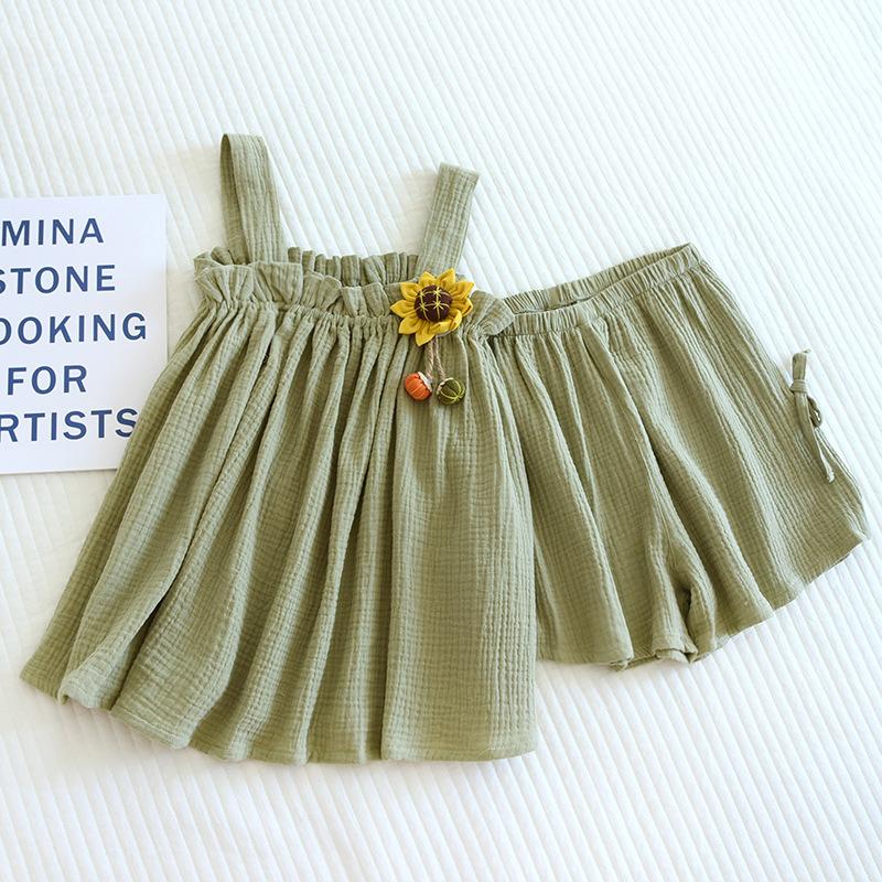 Nuovo Pigiama Estivo da Donna 100% Cotone Crepe Spalline+pantaloncini Sottile Carino Abbigliamento per la Casa Set Due Pezzi Pigiami