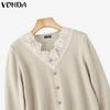 VONDA Autumn Winter Women Lace V Neck Long Sleeve Knitted Pullover Sweaters Jumpers