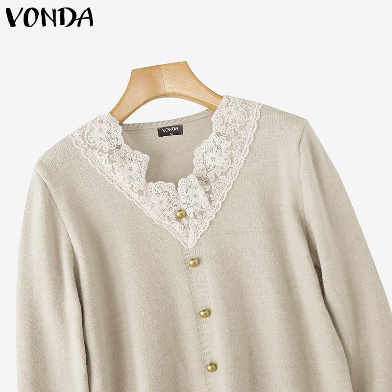 VONDA Autumn Winter Women Lace V Neck Long Sleeve Knitted Pullover Sweaters Jumpers