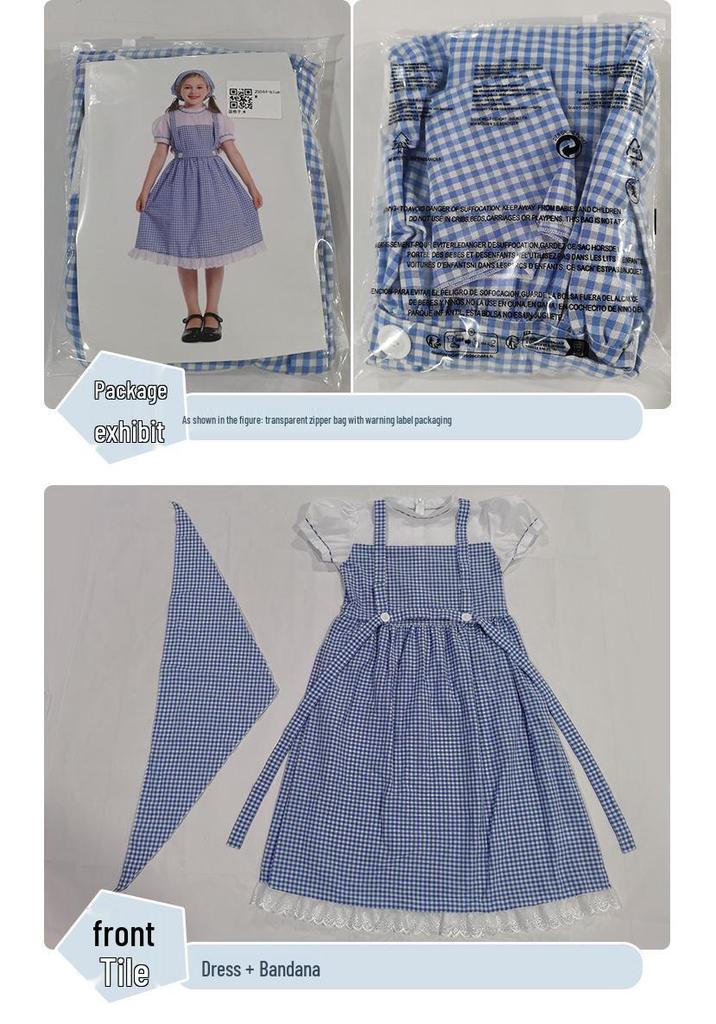 Blue Plaid Halloween Cosplay Costume for Kids with Headscarf & Skirt