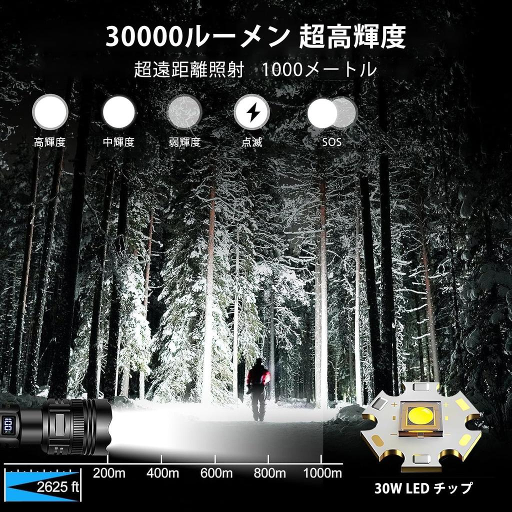 Super Powerful LED Military Handheld LCD Power Level IP65 5 Dimmable Adjustable Ideal for Emergency Night Power and More Flashlight, 30,000 Lumens,