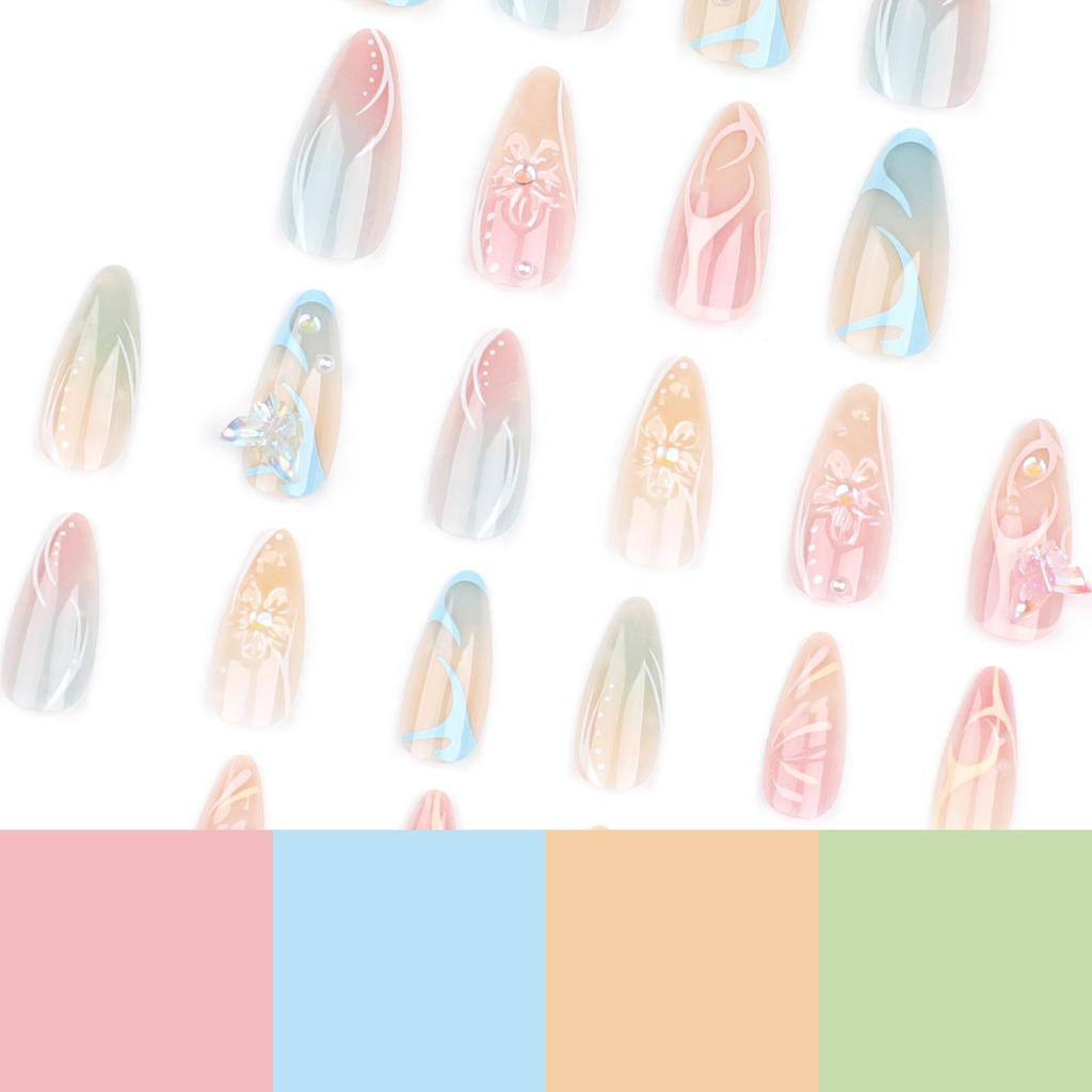 Summer 3D Butterfly Nail Art Almond Press-Ons - Gradient Bubble Bead Design