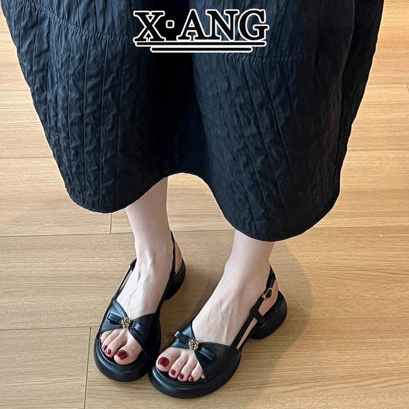 Super soft bottom first layer cowhide sandals women's summer wear with skirt thick heel with women's shoes