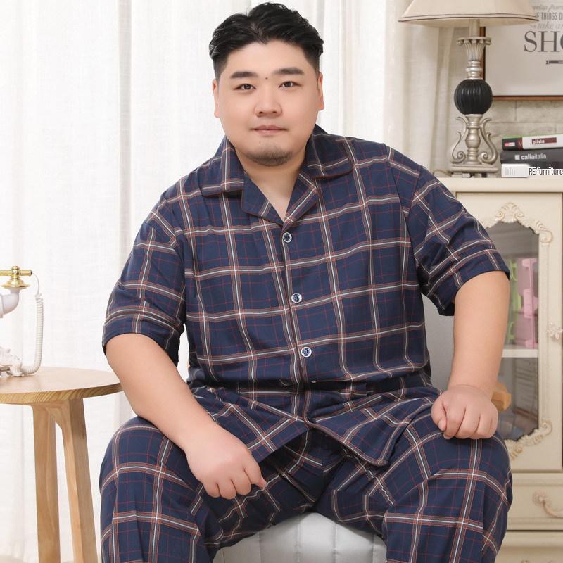 Mei Ji Yun Men's Cotton Lapel Pajama Set - Short Sleeve, Long Pants, Plus Size