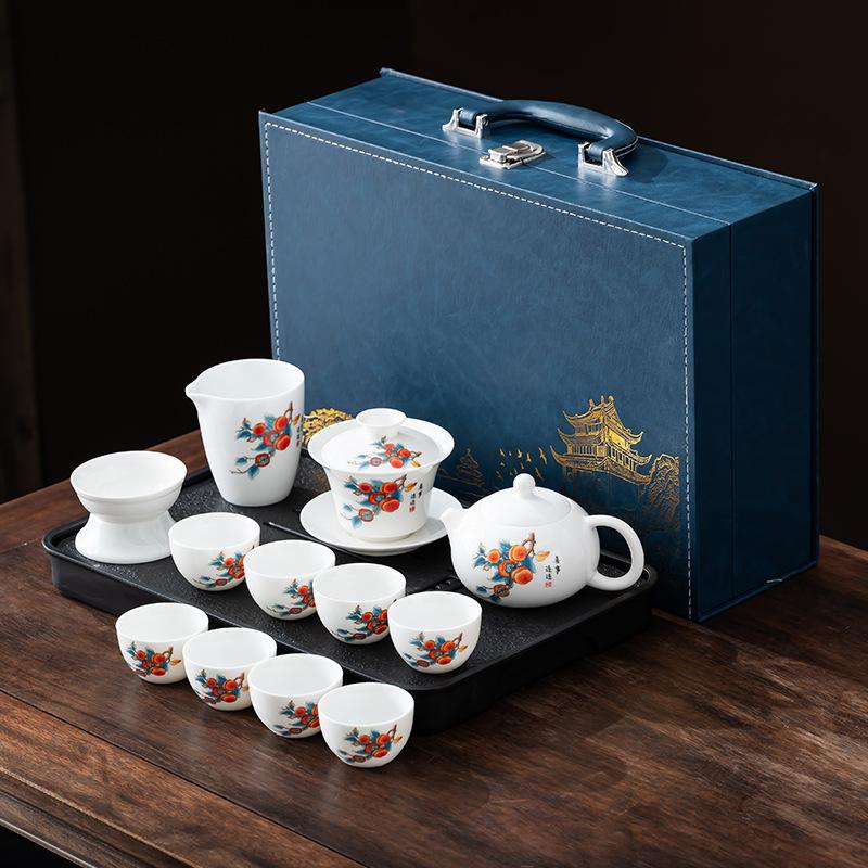 Premium beauty suet jade white porcelain kung fu tea set, household Xishi pot tea cup light luxury high-end gift box