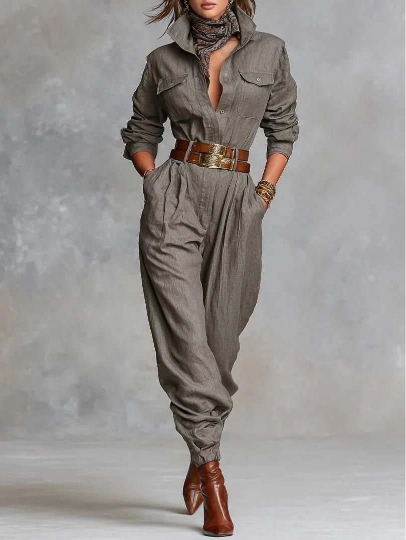 

Women s Cotton Linen Long Sleeve Pocket Button Shirt Jumpsuit S