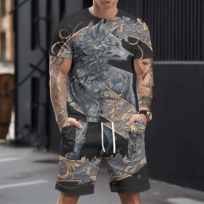 Men's Casual Sports Suit Printed 3D Fierce Wolf Pattern Suit, Summer Casual Breathable Suit