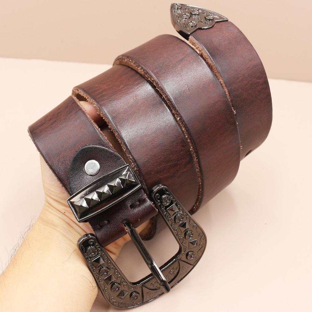 Men's Genuine Leather Western Belt with Texan Buckle - Top Layer Cowhide, Retro Style, Stock Clearance.