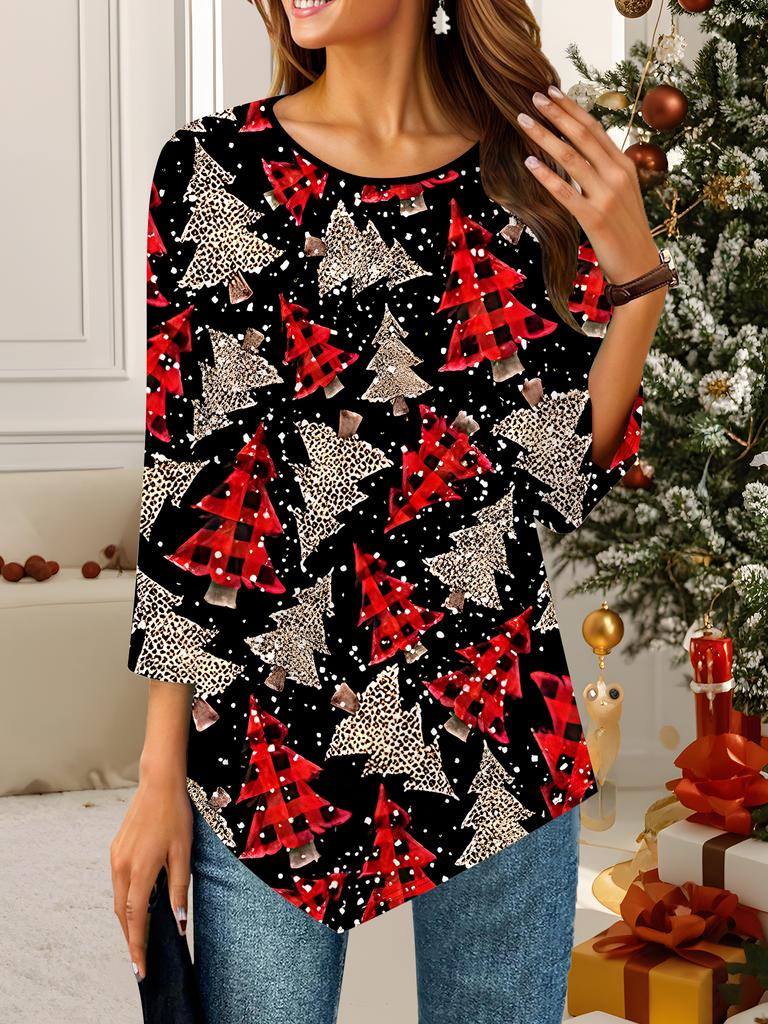 Damski luźny T-shirt z okrągłym dekoltem i rękawem trzy czwarte, wzór świąteczny 3D, idealny prezent na Halloween i Boże Narodzenie