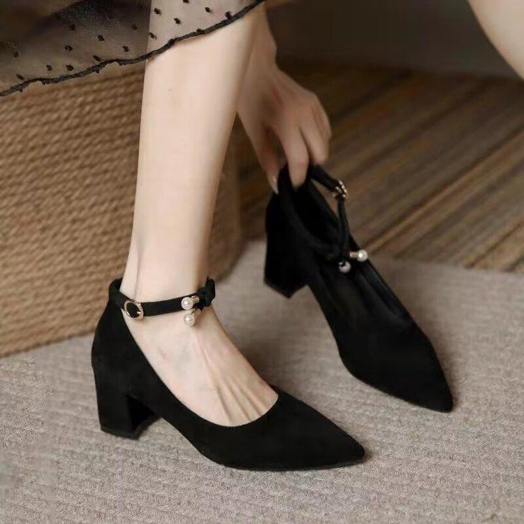 French high heel with skirt shoes pearl single shoes medium heel thick heel etiquette temperament Shu dress black