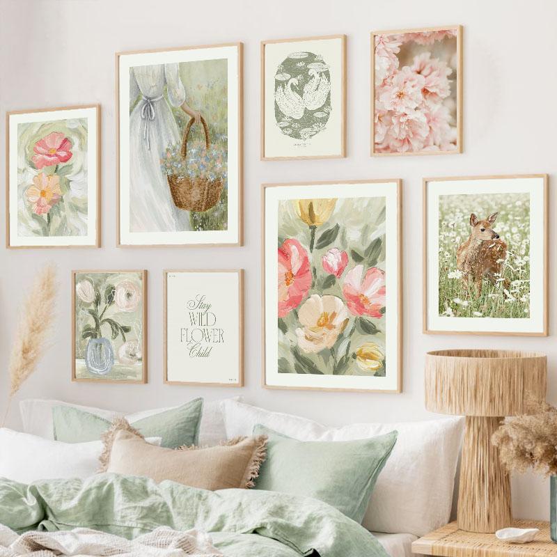 Retro váza na květiny Jelen Lilie Galerie Barevné plakáty a tisky Nástěnné umění Plátno Olejomalba Nástěnné obrázky pro dekoraci obývacího pokoje