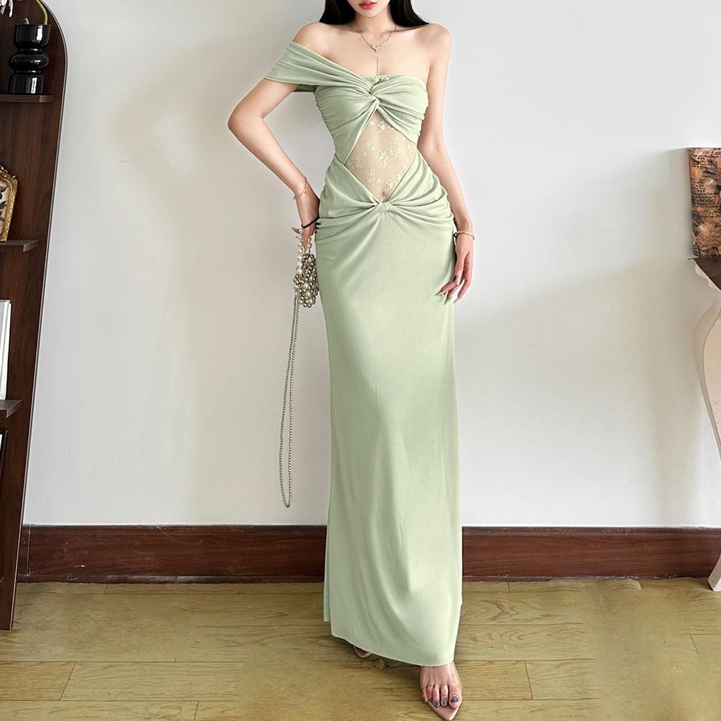 2026 European and American Summer New Slim-fitting Sexy Holiday Mesh Splicing Temperament Waist Dress Women's Clothing
