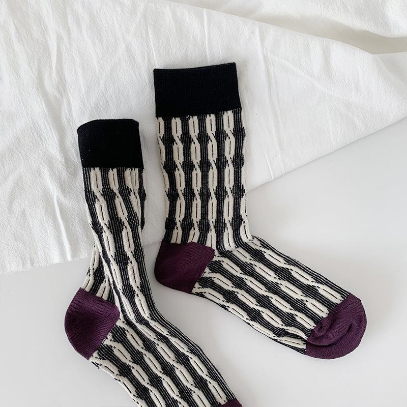 Socks Women'S Contrasting Color Trendy Socks Double Needle Pure Cotton Medium Tube Socks Drawing Casual Versatile Socks