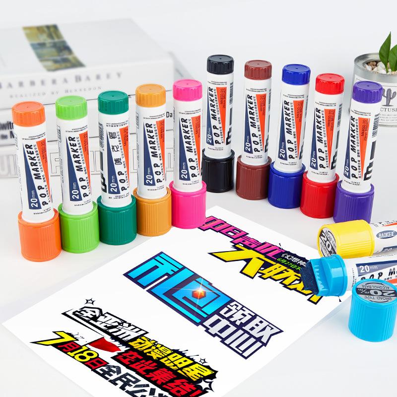12-Color POP Marker Set Waterproof 20mm Tip Refillable Hand-Painted Poster Marker