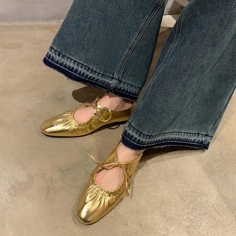 Fashion Women Flat Soft Lace-up Loafers Female Spring New Fashion Silver Mary Jane Single Shoes Ladies Casual Dress Outdoor Ballet Shoes