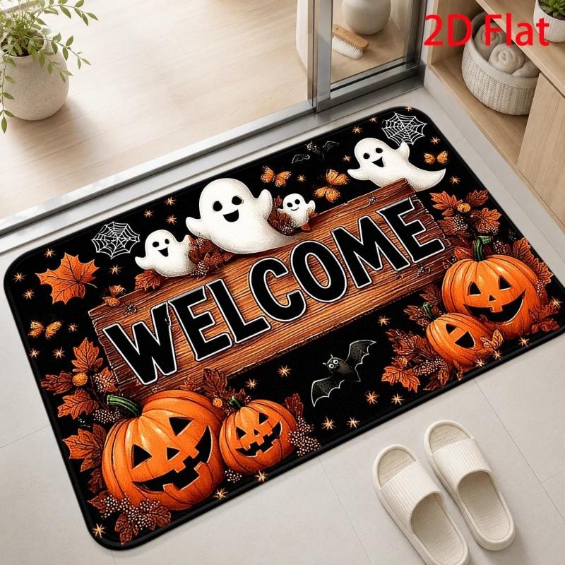 Welcome Sign Ghost Pumpkin Bat Printed Halloween Entry?way Doormat, Spooky Holiday?themed Floor Rug, Decorative Household Mat
