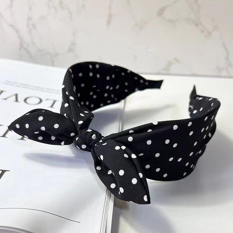 Solid Color Fabric Polka Dot Bow Head Scarf Wire Headband For Temperament Wide Headband Fashion Girl'S Makeup Hairband