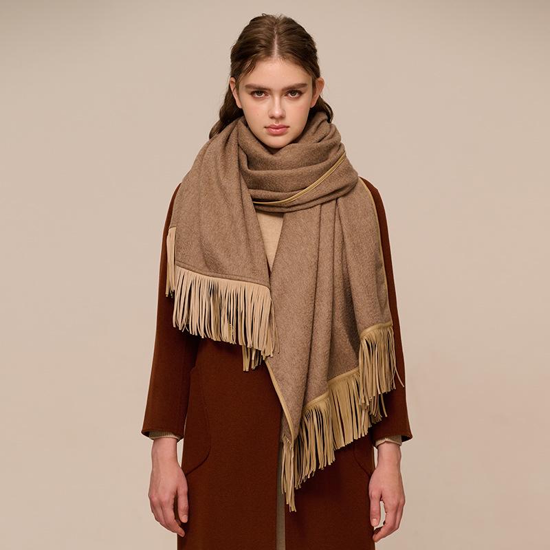 

Winter Cashmere Tie Scarf with Goat Leather Edge and Tassels Over 175cm чёрный