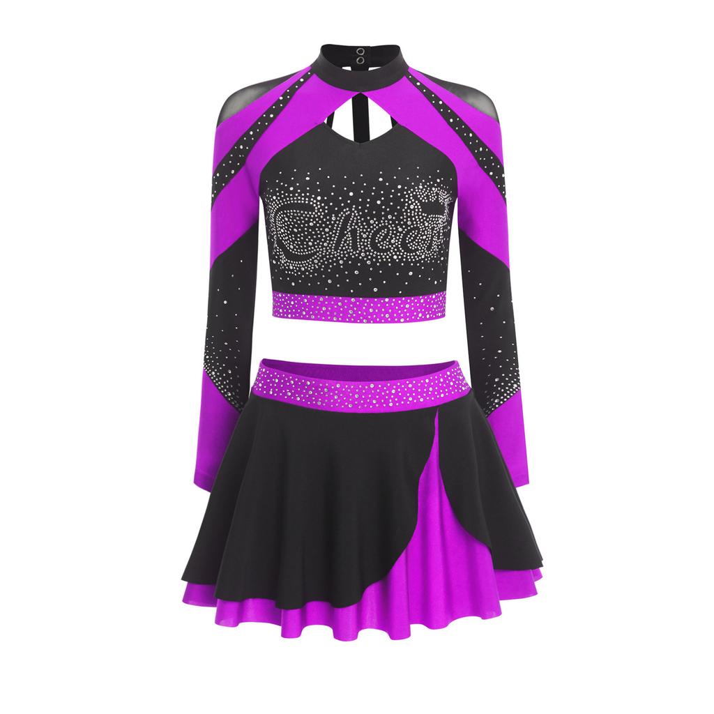 Womens Cheerleading Outfit Two Piece Long Sleeve Hollow Out Crop Top Skater Skirt Sparkle Rhinestone Apparel