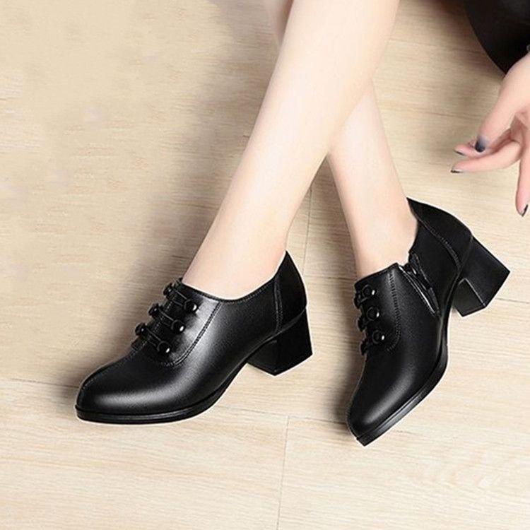 Fashion thick heel single shoes women's autumn new versatile soft sole women's shoes medium heel leather shoes mother shoes women