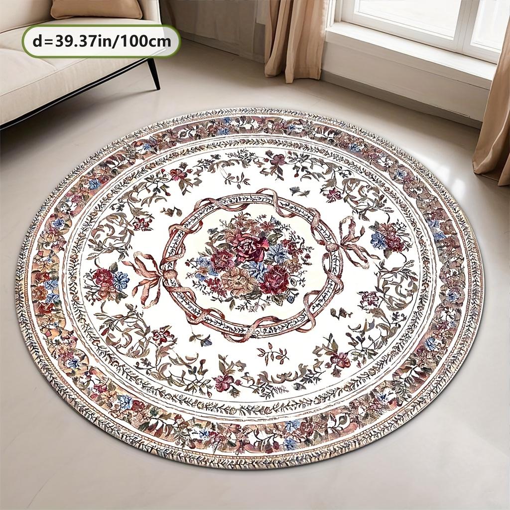 Bedruckter runder Teppich aus Flanell mit Vintage-Blumendesign für die Heimdekoration Weiche Bodenmatte Klassischer Stil Elegantes Interieur