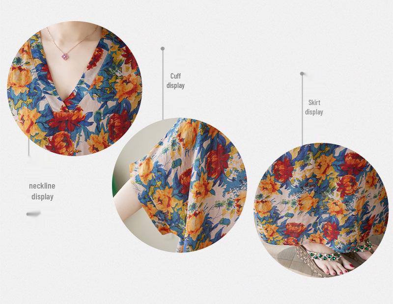 2024 Summer V-Neck Cotton & Linen Loose Retro Beach Dress for Women - Plus Size, Slimming, Long Robe Style