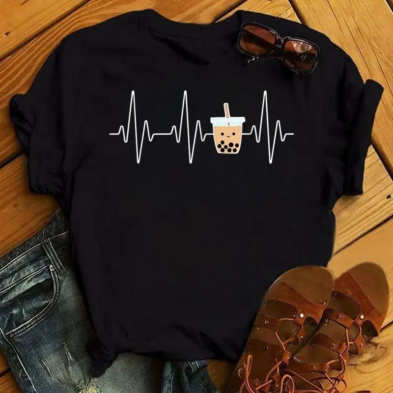 Kawaii Cartoon Milk Tea Printed T Shirt Women Fashion T Shirt Casual Tops 90s Girls Ladies Female Short Sleeve Cute Graphic Tee
