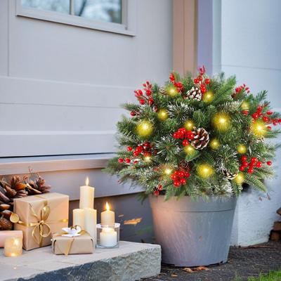 Yousheng Pre-lit Christmas Tree Urn Filler 20 Inch Artificial Xmas Pine Tree with Pinecone Red Berries Battery Powered Outdoor Light Up Planter Filler
