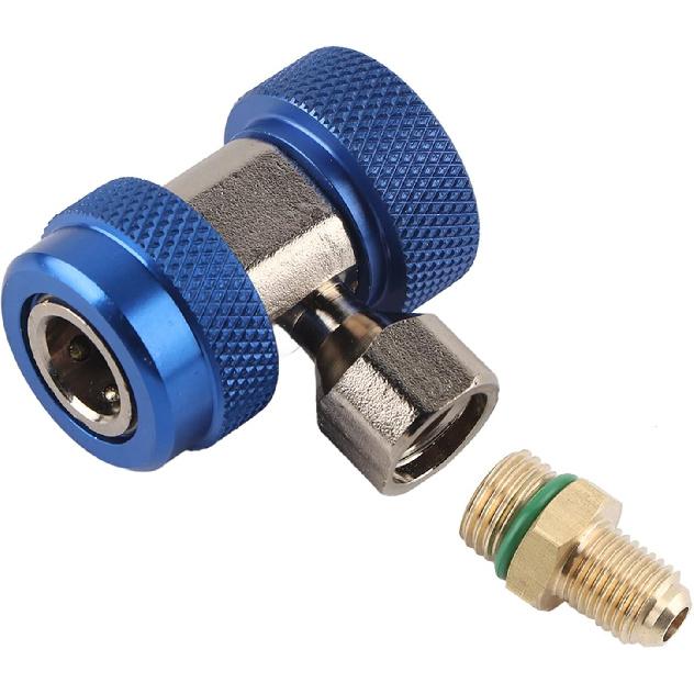 Quick Coupler R134A A/C Low Side Blue 90 Connector Air Conditioning Adapter with Extractor Valve Core, 1/4 Inch Male