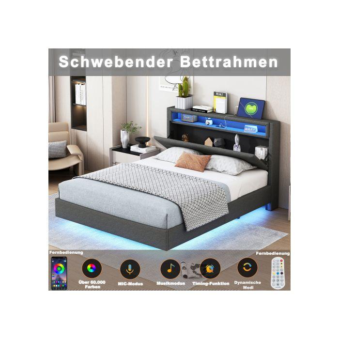 Lit - MUVOE - 140x200 cm - Prise USB - Éclairage LED - Tête de lit réversible