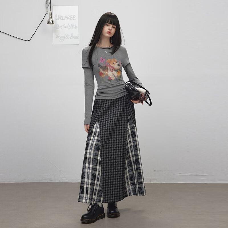 UNIFREE Women s Fake Two-Piece Dog Print Long Sleeve T-Shirt M