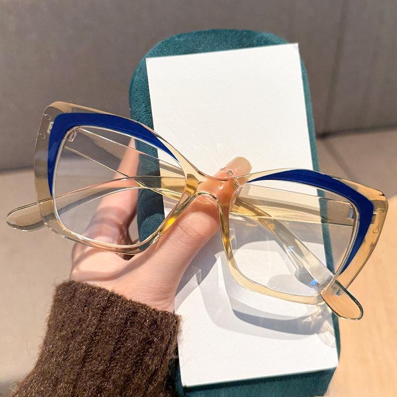 Fashion Cat Eye Large Frame Anti Blue Light Reading Glasses Men Women Retro Full Frame Color Blocked Decorative Presbyopia Eyeglasses