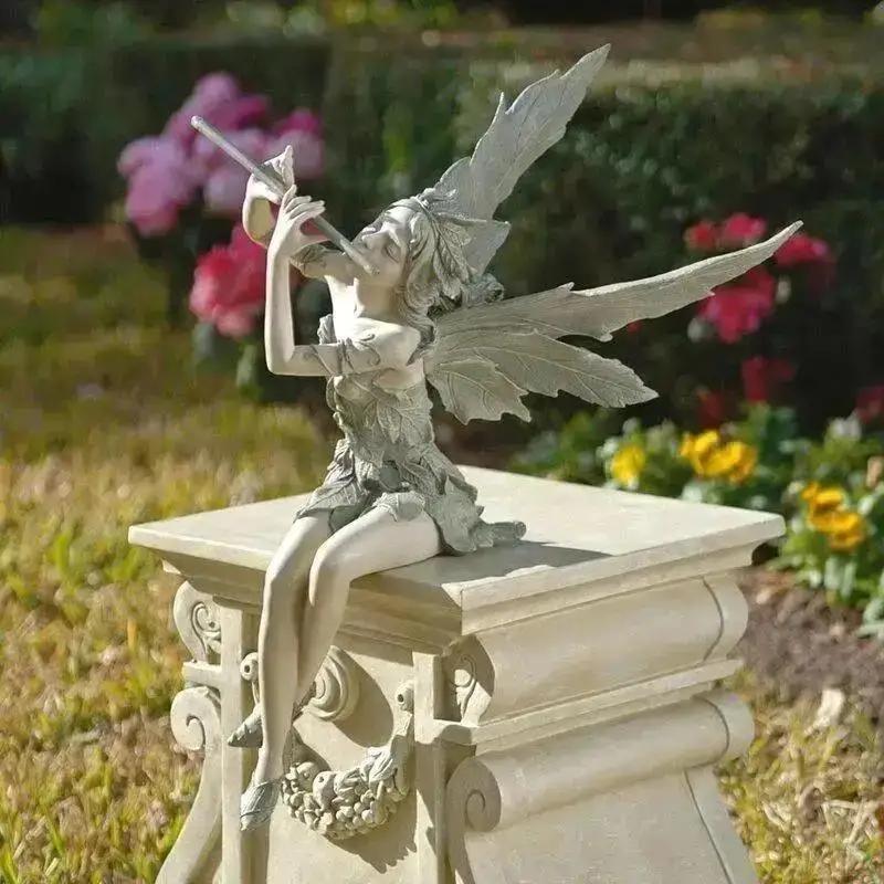 Playing The Flute Fairy Statue Angel Garden Sculpture Living Room Decoration Outdoor Garden Lawn Courtyard Resin Crafts