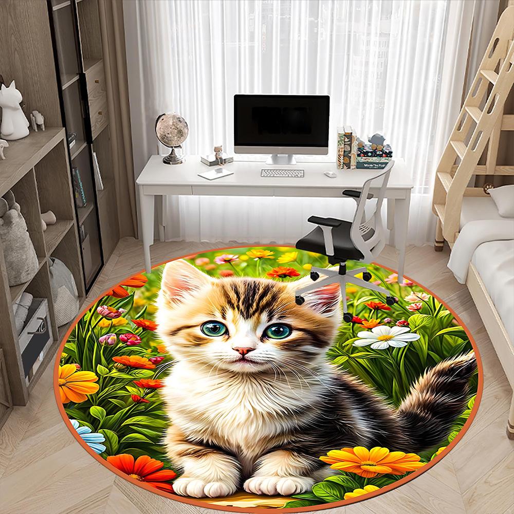 1pc Cat Flowers Office Round Rug, Carpet for Office, Gaming, Lightweight Round Floor Mat Yy260205021