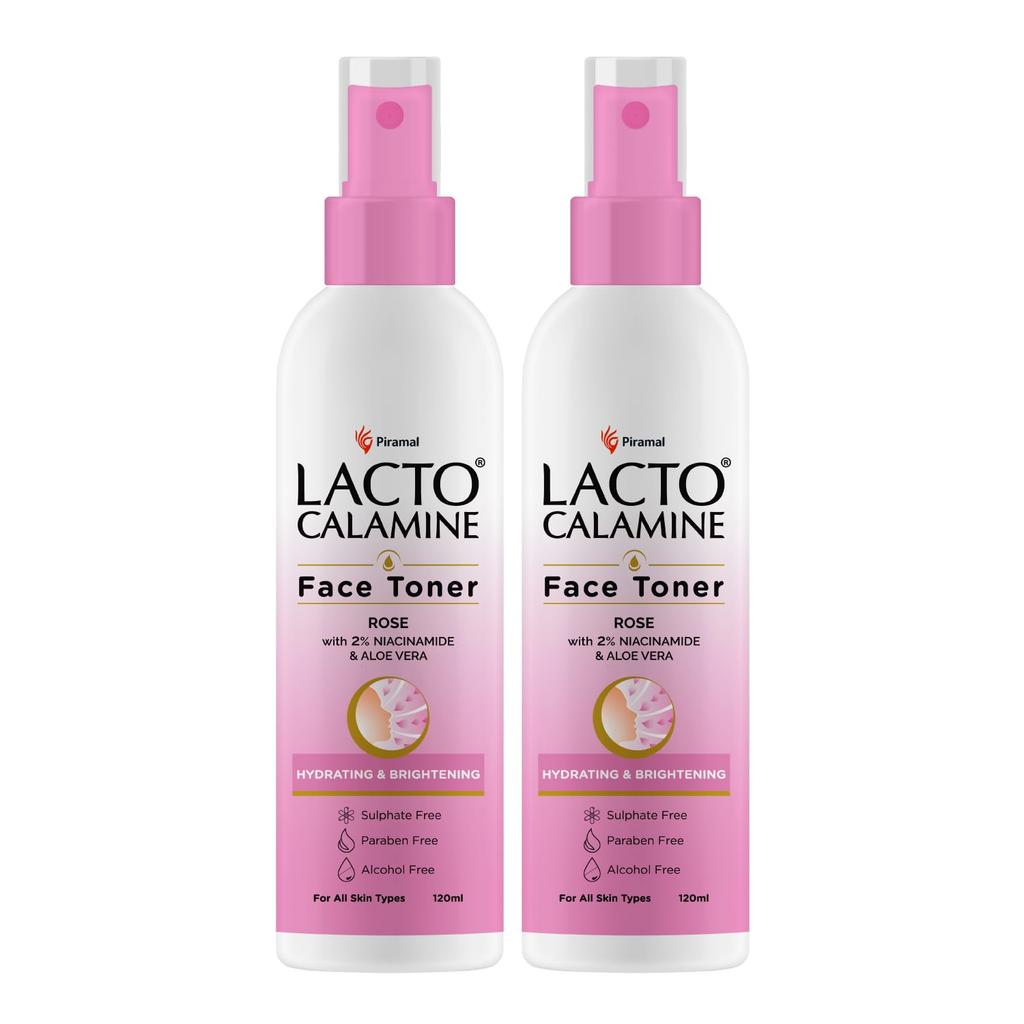 Lacto Calamine Rose Water Toner 120ml Pack of 2 for Glowing Hydrated Skin and Balanced Tone