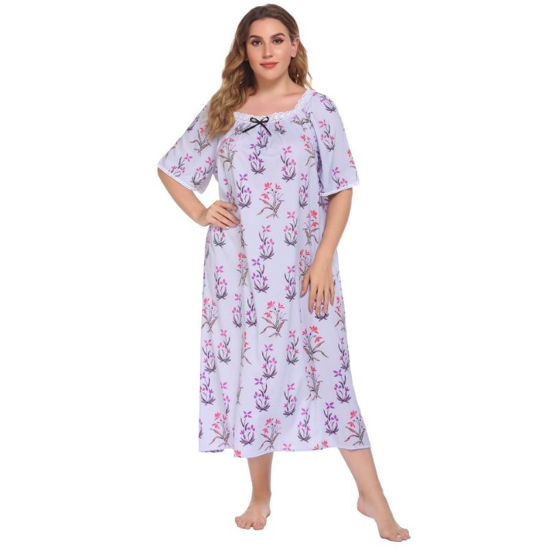 Camisola feminina de verão, tamanho grande, pijama, renda, manga curta, estampada