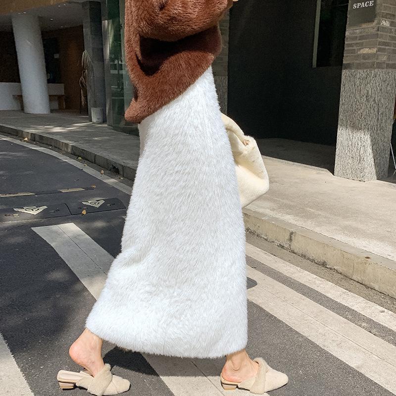 Korean Style Slimming Faux Mink Knit A-Line Midi Skirt for Women - Warm, Winter-Chic