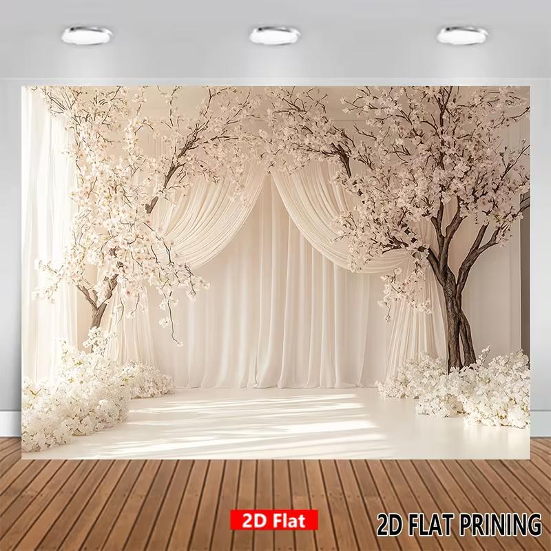2D Romantic Floral Arch with Sheer Drapes Backdrop Photography Background Banner