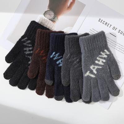 Personalisierte Herren-Warmhandschuhe im koreanischen Stil Winter Kälteschutz Verdickt Einfarbig Vollfinger Outdoor Radfahren Gestrickt Touchscreen Fünffinger